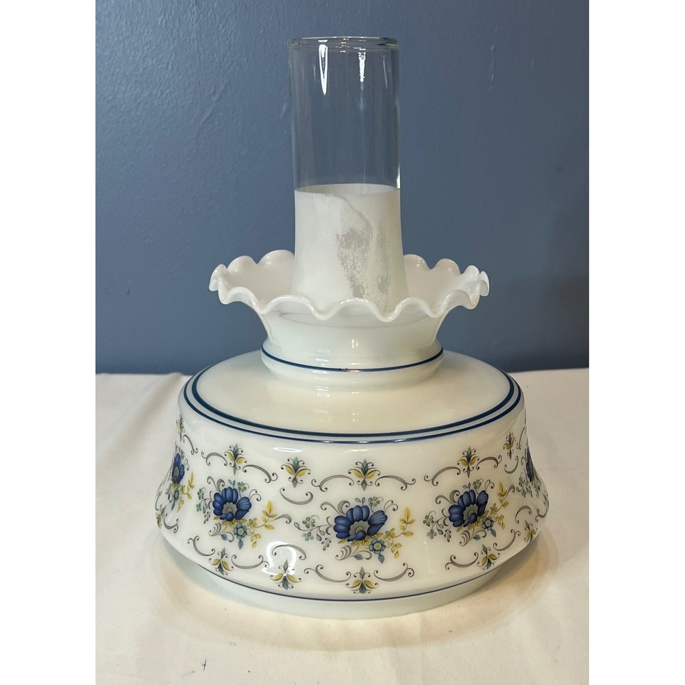 Vintage Milk Glass Oil Lamp Shade Blue Flowers Grandmacore Cottagecore 7 In